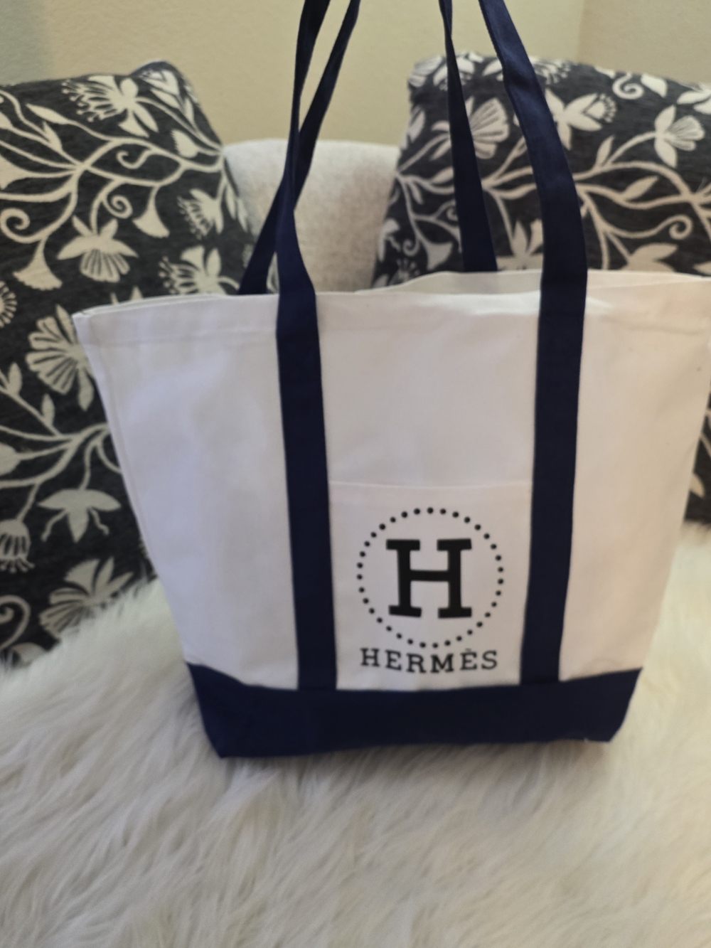 White & Navy Canvas Tote